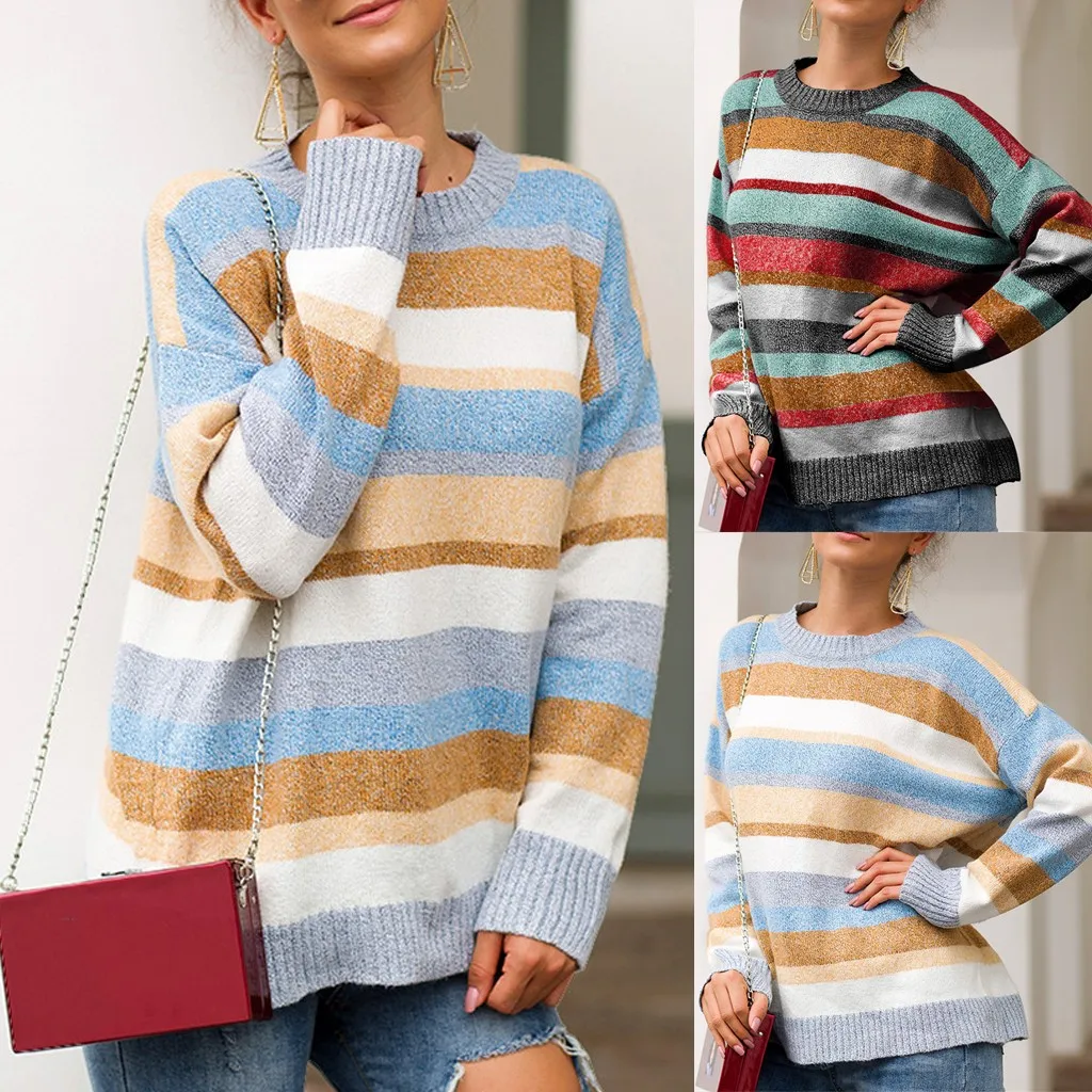 SAGACE женский свитер в полоску с круглым вырезом, вязаный свитер, высокое качество, женский свитер с длинным рукавом в стиле пэчворк