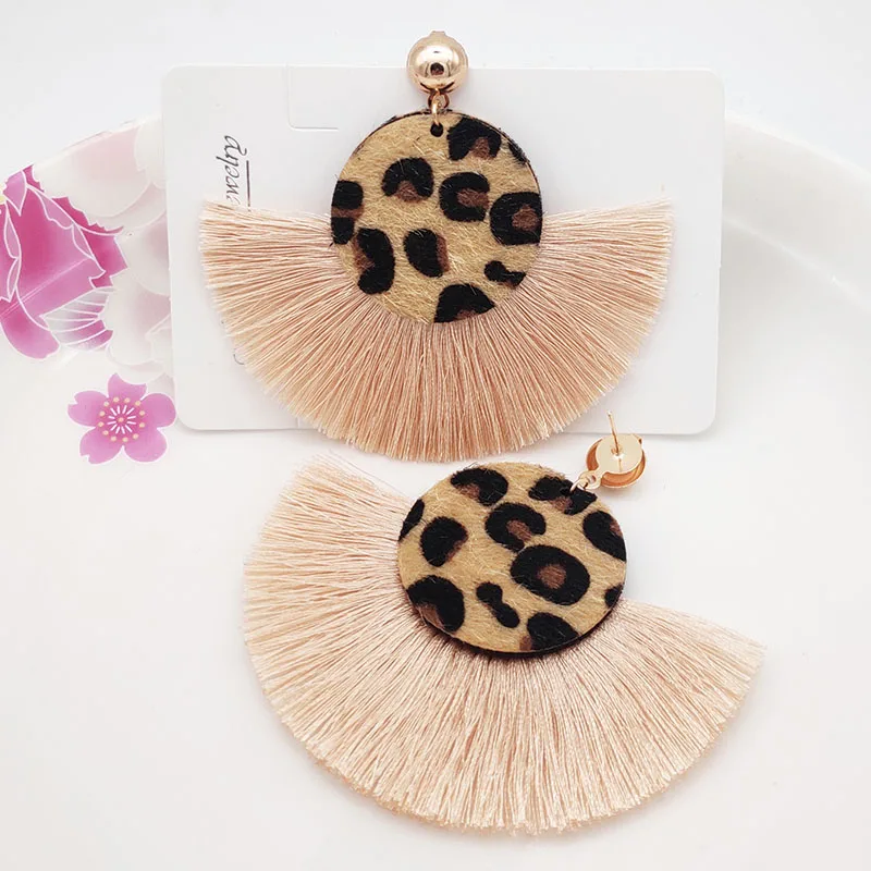 

Bohemian tassel earrings geometric round cow leopard print leather tassel statement drop earrings for women fashion jewelry