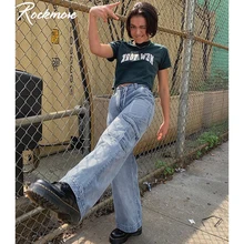Rockmore синий Винтаж Высокая Талия Джинсы женские Джинсовая ткань джинсовая Femme в Корейском стиле Harajuku широкие джинсы Для женщин уличная одежда большого размера; сезон осень