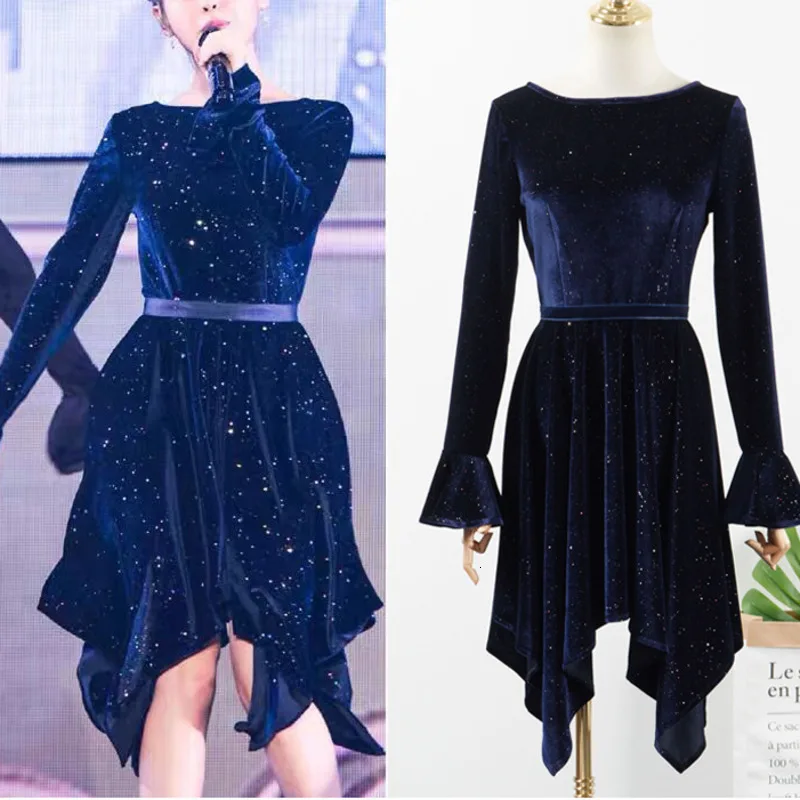

LANMREM High Waist Slim Rhinestone Irregular Hem Dress Female 2020 Spring New Fashion Temperament Long Sleeve Dress PC393