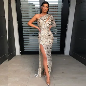 

One Shoulder Stretchy Silver Sequin Party Dress Full Lining Bodycon Floor Length Backless Tight Summer Split Dress