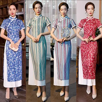 

Plus Size 4XL Short Sleeve Classic Women Rayon Cheongsam Elegant Long Aodai Sexy Qipao Summer Print Flower Dress Mandarin Collar