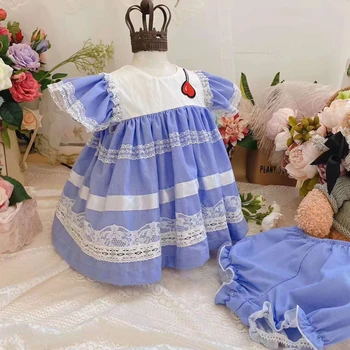 

2PCS Summer Vintage Princess Spanish Lolita Blue Short Sleeves A-line Dress For Bady Girls Cute Casual Cotton For Kinds Clothes