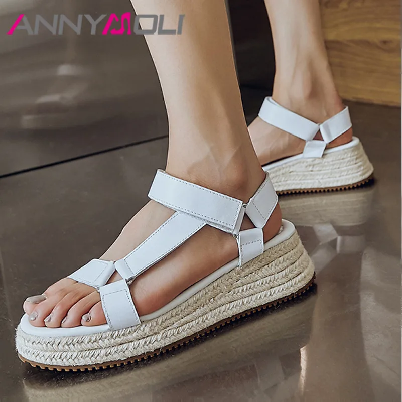 

ANNYMOLI Natural Genuine Leather Sandals Espadrille Platform Wedges High Heels Open Toe High Heel Sandals Lady Shoes Black White