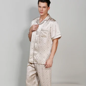 

Silk 2020 NEW Genuine Pajamas Male Spring Summer 100% Silk Sleepwear Men Sexy Printed Short Sleeve Pyjama Pants Sets Two-piece