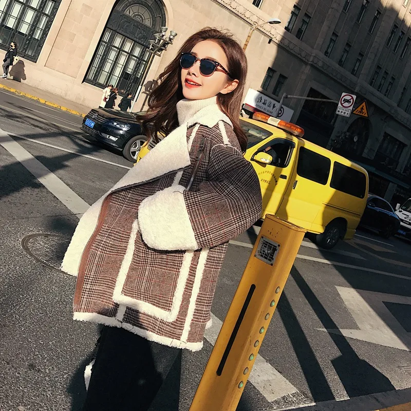 

Lambs Wool Cropped Jacket Women's Fall And Winter Clothes South Korea Short-height Plaid Versatile Fold-down Collar Thick Warm C