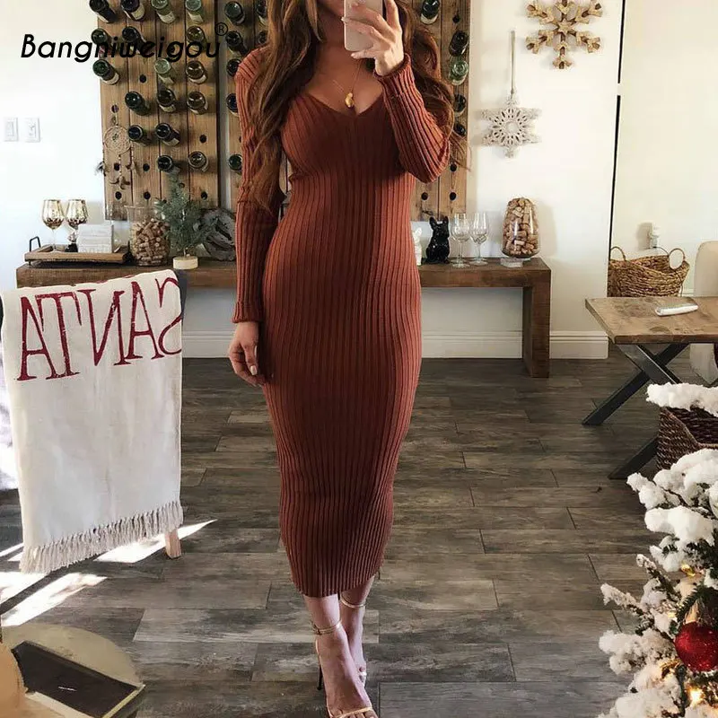 

Bangniweigou Rib Knit Double V Look Long Dress Autumn Winter Casual Streetwear Women Basic Daily Cotton Solid Coffee Dress