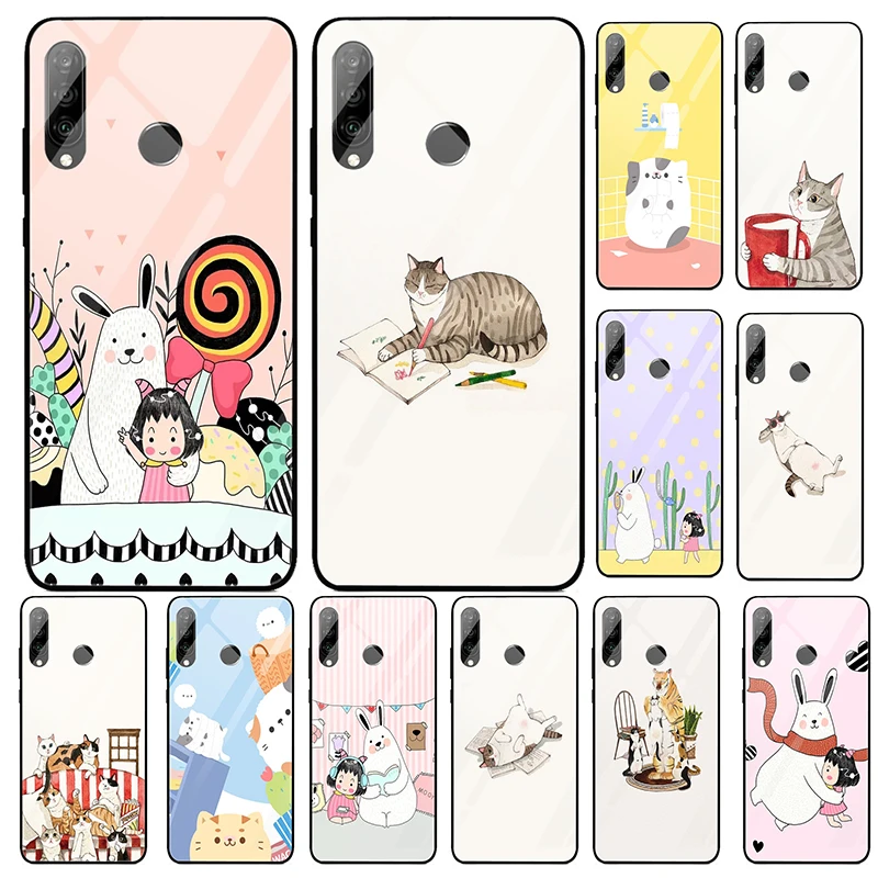 Cute cartoon cat Tempered Glass Phone Cases for Huawei Mate 20 Y6 Y9 Honor 8X 8 8A 9 10 P20 P30 Plus Lite Pro 2018 2019 | Мобильные