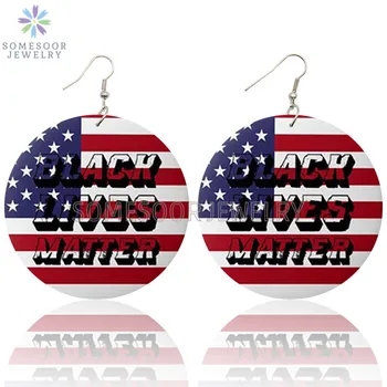

SOMESOOR Black Lives Matter United State Flag Printing Wooden Drop Earrings American Breathe Design Dangle Loops For Women Gift