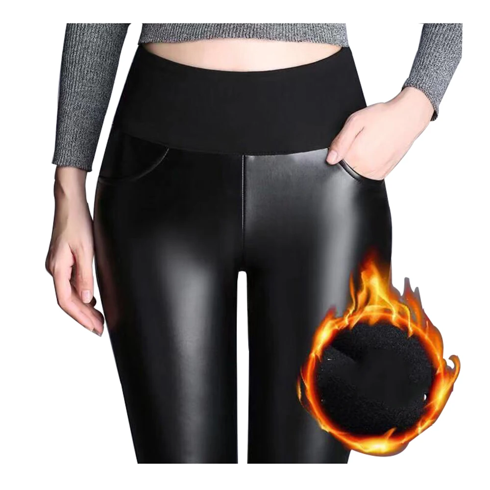 legingD07 black Женские леггинсы с подкладкой из плотного флиса тёплые зимние леггинсы уличные Сексуальные облегающие леггинсы из искусственной кожи с карманами - Цвет: legingD07 black