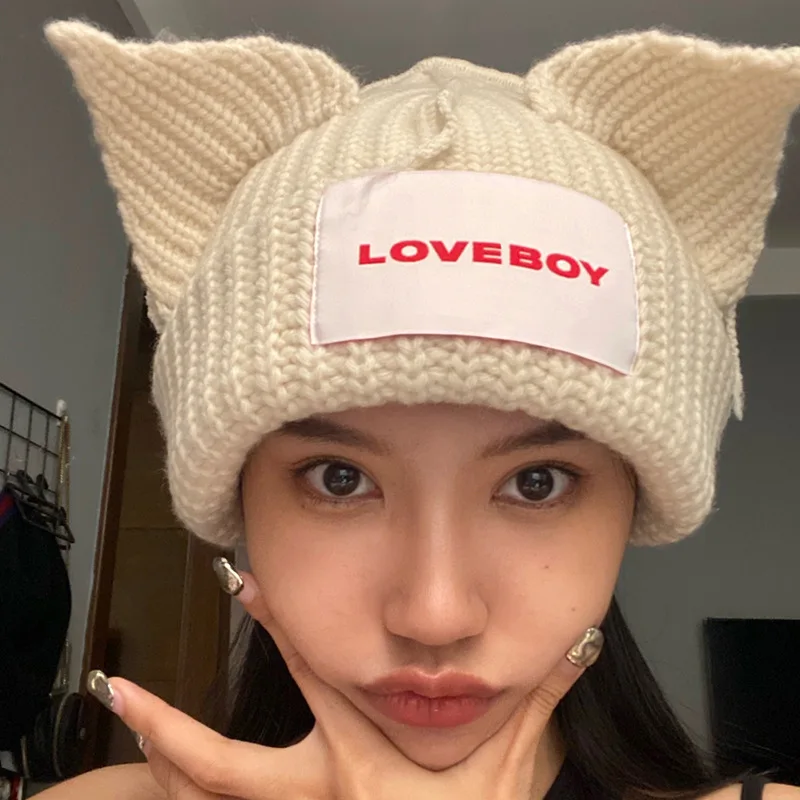 

2020 Autumn And Winter Beanie Hats For Women New Cute Cat And Pig Ear Lovers Woolen Hip Hop Cap Handmade Warm Knitted Hat Gorros