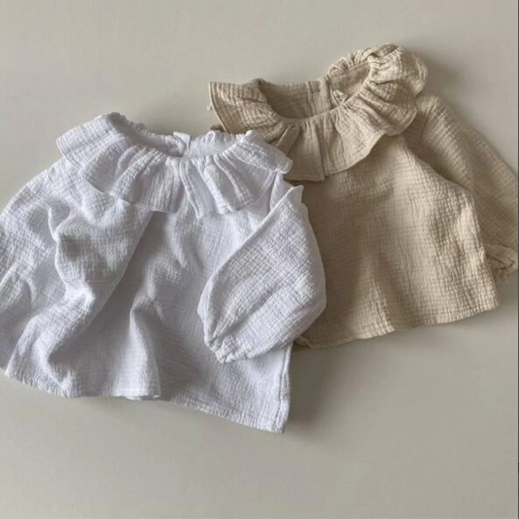 White/beige Newborn Baby Girl Cotton Shirt Ruffled Crew Neck Long Sleeve Linen Shirt Blouse Toddler Girls Soft Casual Tops