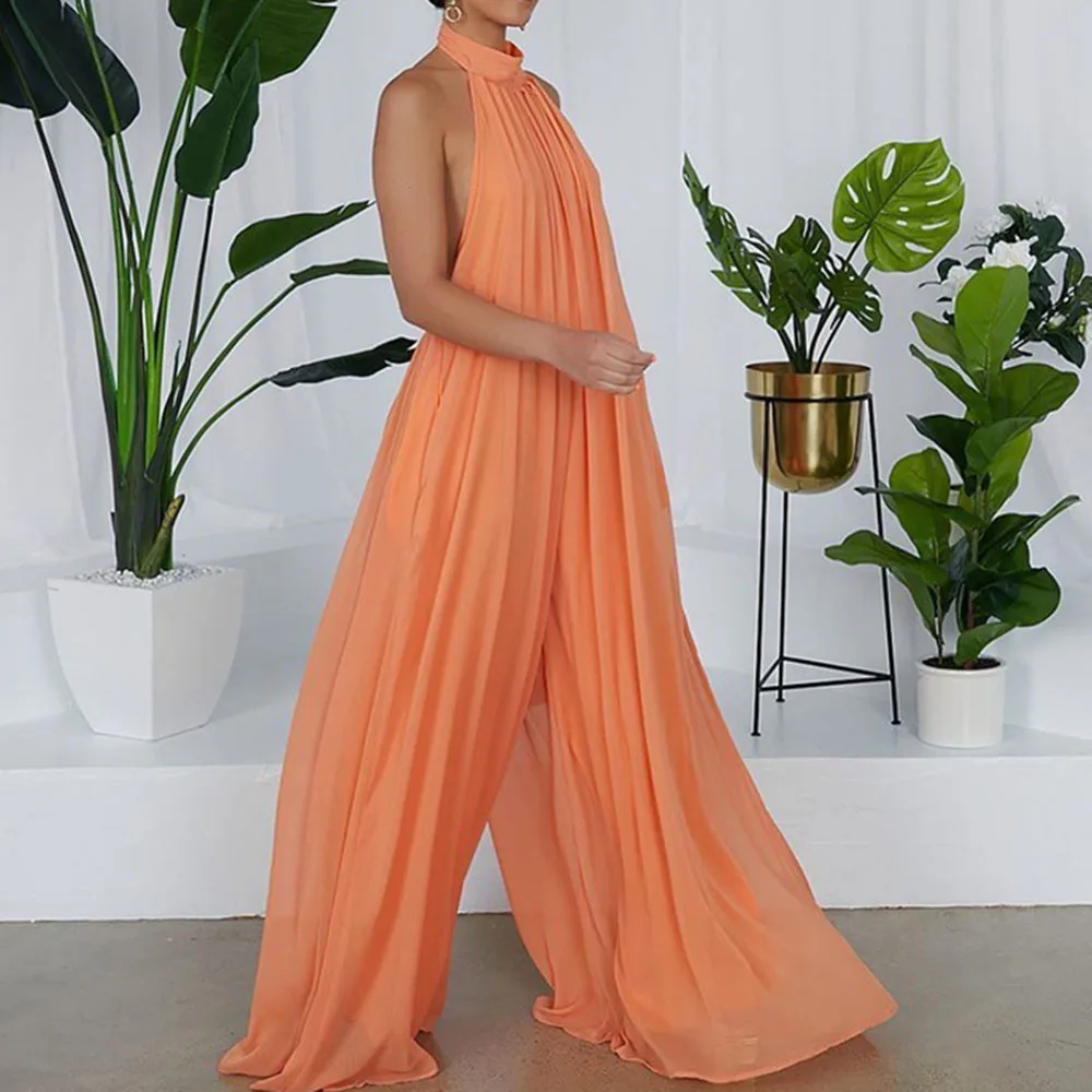women halter long jumpsuits summer 2020 sexy party backless wide legs rompers jumpsuits white chiffion loose jumpsuits