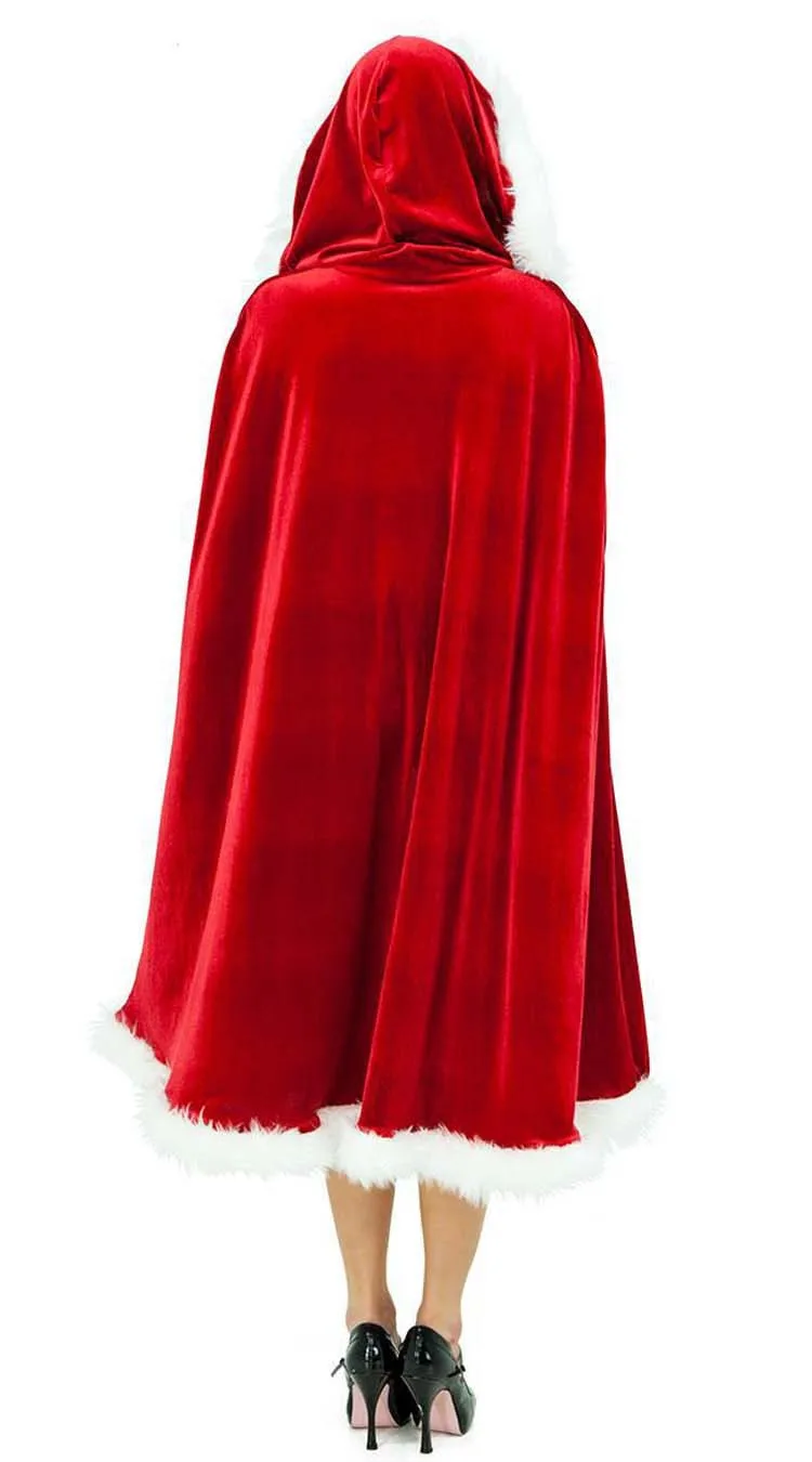 Красная бархатная белая меховая накидка с капюшоном, плащ, сексуальный костюм Санта Клауса, рождественские костюмы для взрослых женщин, карнавальные, вечерние, клубная одежда