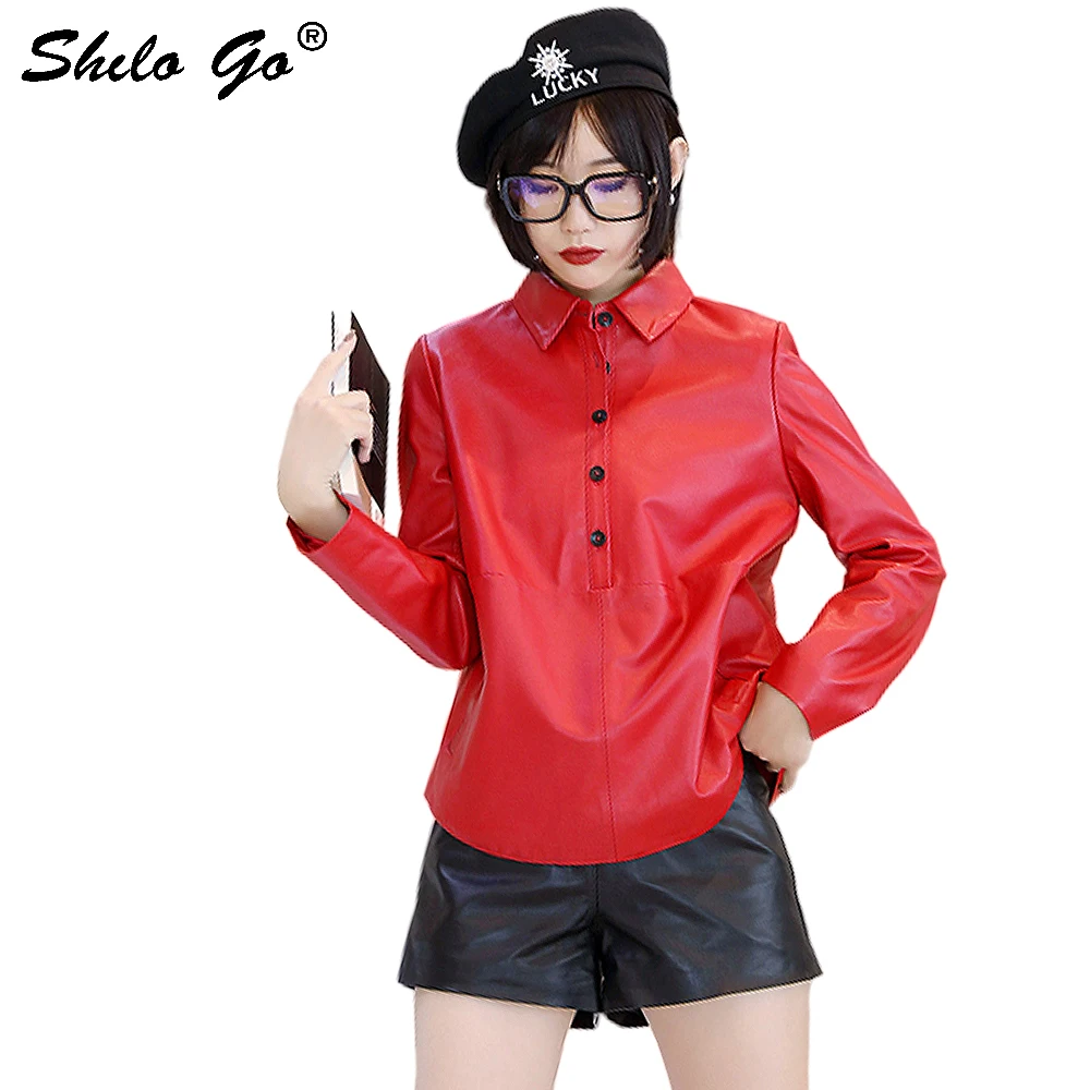

Genuine Leather Blouses Casual Peter Pan Collar Button Front Sheepskin Pullover Tops Women Autumn Winter Office Lady Shirts