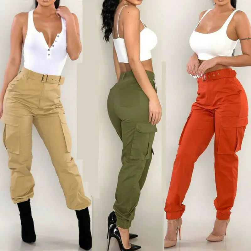 Pantalones Cargo informales de cintura alta para mujer, pantalón holgado de talla  grande, color verde, rojo y caqui, con Bolsillos y cintura elástica, S-2XL