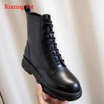 

Krazing pot new arrival sports boots natural leather punk round toe thick med heel zip handsome energy platform ankle boots L87