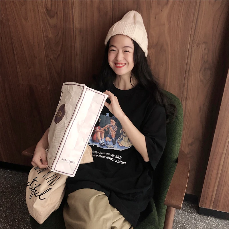 Летняя Винтажная футболка с надписью ulzzang, большой размер, Свободный Топ с короткими рукавами, Harajuku, Забавный принт с героями мультфильмов, повседневная женская футболка с круглым вырезом