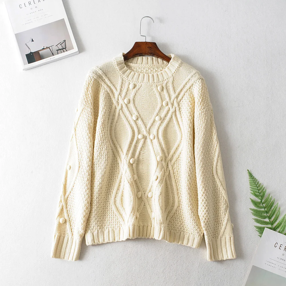 

CINESSD Elegant Fur Pompon Women Sweater Autumn Winter Long Sleeve Knitted Sweaters Female Streetwear Ladies Pullover Jumper