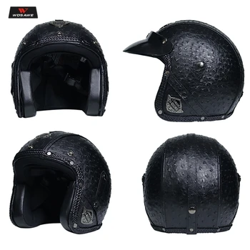 

WOSAWE Motorcycle Helmet PU Leather 3/4 Motorcycle Chopper Bike helmet Open Face Vintage without Goggle Mask DOT Approved