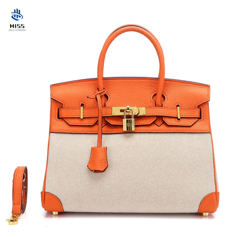 

2019 new leather handbag First layer cowhide with canvas Stylish luxury design platinum bag Women's handbag shoulder bag