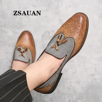 

ZSAUAN Semi-formal Leather Shoes for Men Tassel Casual Brogue Flats Carved England Men Dress Shoes Men Loafers Dropshipping