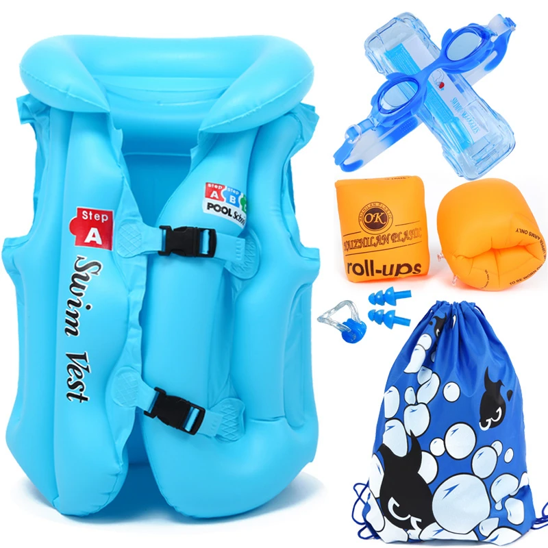 Детский жилет для плавания надувные рукава для плавания, очки для носа, затычки для ушей, сумка, полный комплект, плавучие, спасательный