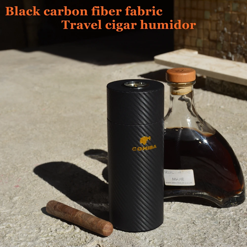 

COHIBA Cigar Case Carbon Fiber Cedar Wood Lined Tube Mini Travel Humidor Box Inside with Long Humidifier Hygrometer