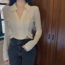 

Women's Top Lapel Slim Folded Tops 2021 Spring New Retro Sexy Zipper Short Long Sleeve Tops Grunge Aesthetic Fashion New