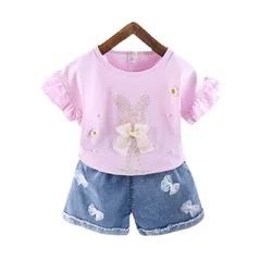 Roupas infantis de verão com desenho, camiseta e shorts de renda para crianças