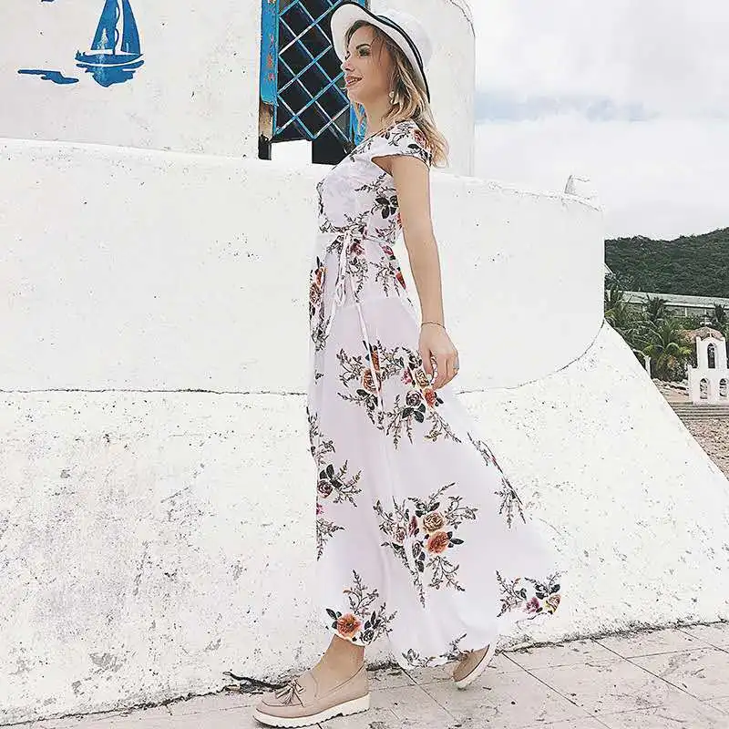 

2019 Hot Selling WOMEN'S Dress V-neck Printed Chiffon Seersucker-Slit Beach Seaside Holiday Long Skirts