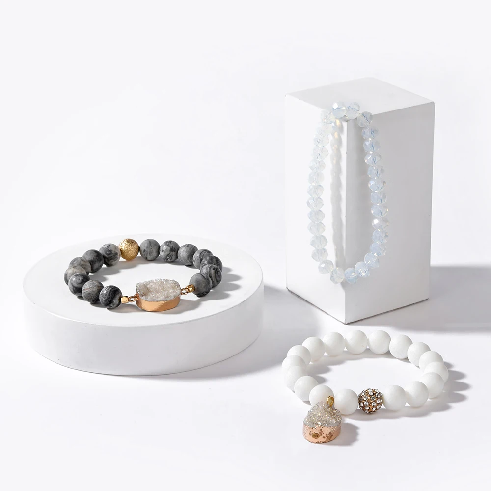 BOJIU Natural Druzy Stone Charm Bracelet For Woman 2021 New Round Quartz Agates Faceted Crystal Beads Bracelets Jewelry BCSET311