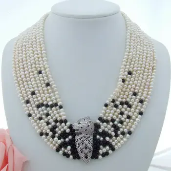 

New 9strsnds 4-5mm white freshwater pearl stone micro inlay zircon accessories necklace long 45-55cm