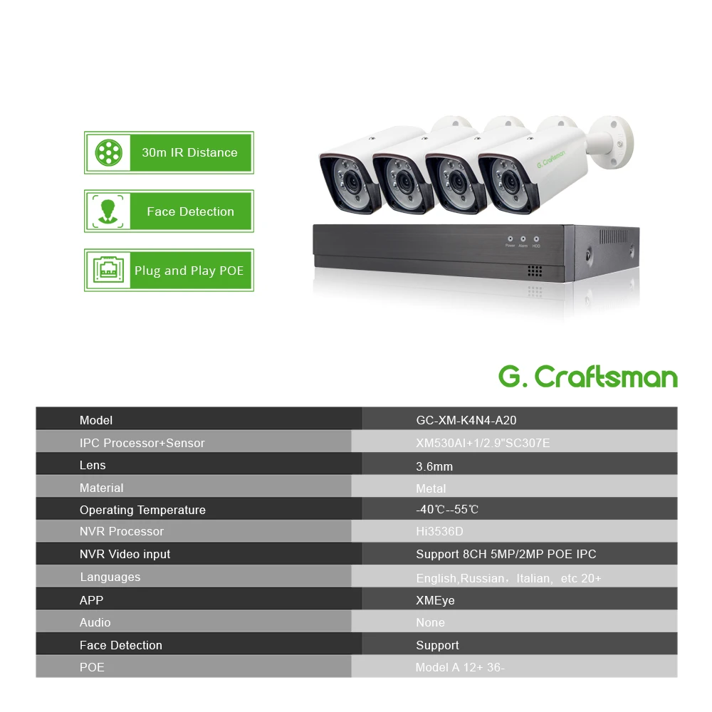 XM распознавание лица 4CH 1080P POE IP камера системы наборы водонепроницаемый CCTV безопасности видеонаблюдения H.265+ XMEye AI G. Craftsman