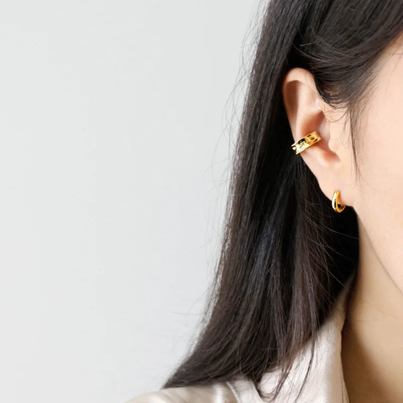 925 sterling silver earring Irregular wide ear clip without hole false Simple geometric circle ring bone girl jewelr | Украшения и