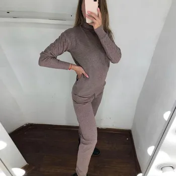 

Set Women Solid Sweater + Pant Knit Sports Turtleneck Thick Sexy Wool Set Popullover Casual Loose Set Two-piece Suit