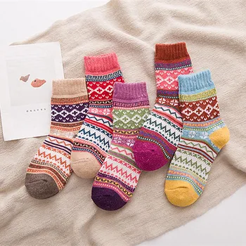

5 Pairs Socks Women Winter Vintage Soft Knit Printed Warm Thick Cold Wool Crew Socks Geometry Print Mujer Invierno Sock 20FEB4