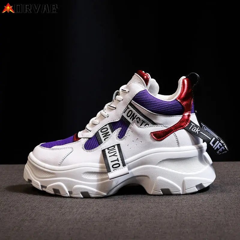 

ORVAB 2019 Spring New Leather Women's Platform Chunky Sneakers Fashion Women Flat Thick Sole Shoes Woman Dad Footwear