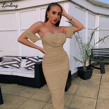 

LINLING Sexy Short Dresses Summer Boat-neck Off Shoulder Slim Evening Gowns For Women Open Back Pleated robe de soiree