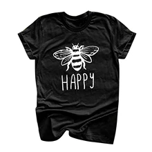 Verano Mujer Tops Vintage Happy Bee Camiseta de manga corta Retro divertido gráfico Casual básico suelto blusa Tee(2)