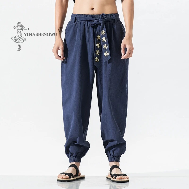Japanese Casual Kimono Pants Loose Harajuku Trousers Japan Men Traditional Asian Clothing Yukata Style Embroidered Harem Costume