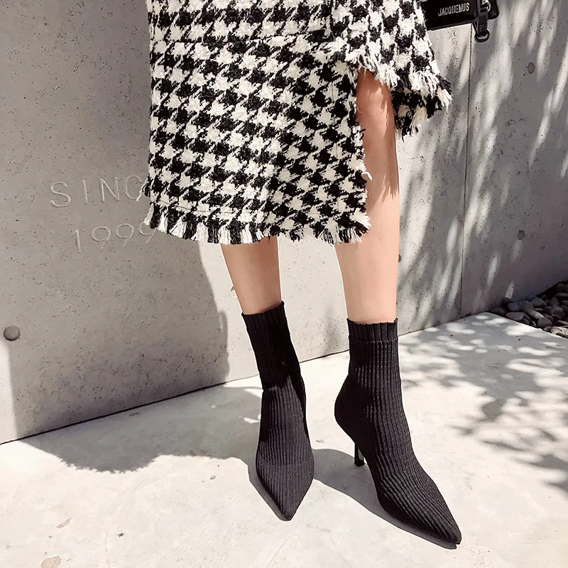 

Sock Boots for Women 2019 Autumn Winter British Style Pointed Toe Stretch Boots Short Ladies Booties Thin High Heels Martin Boot
