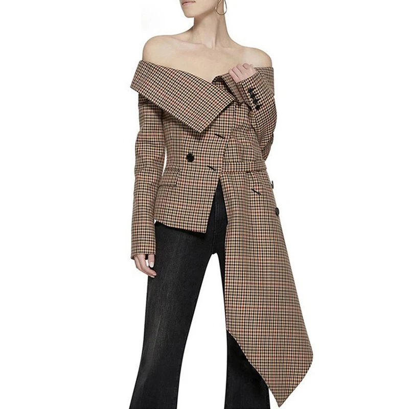 Женский блейзер с открытыми плечами асимметричный сексуальный клетчатый костюм