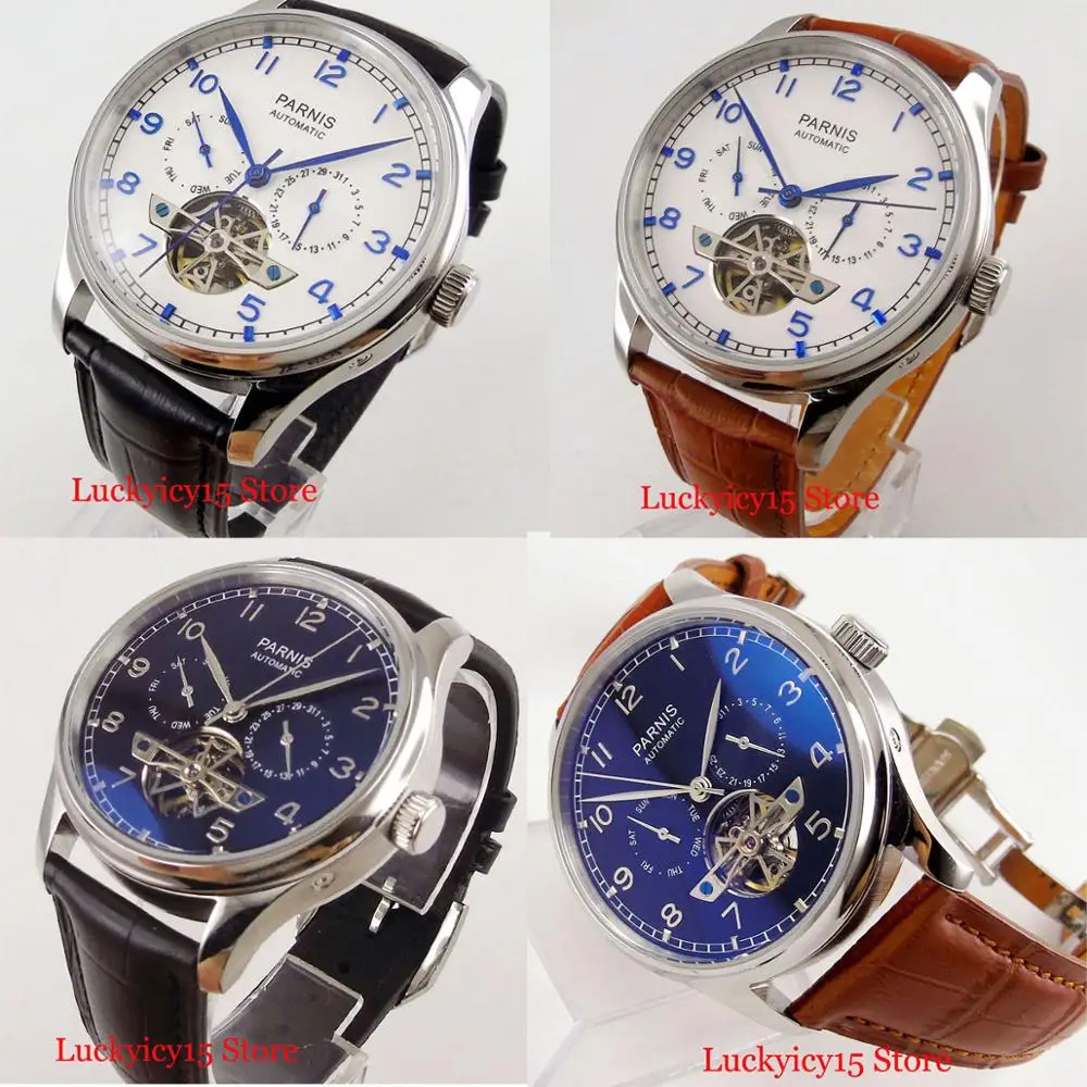 

4 Models PARNIS 43mm Week Date Indicator Mechanical Men's Watch Leather Strap