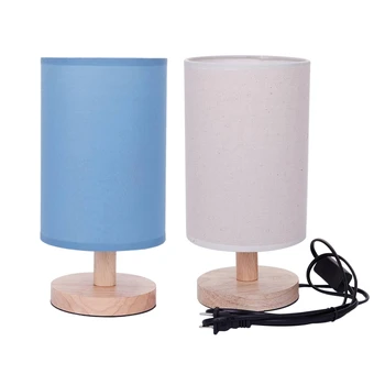 

2x Modern Wood Linen Bedside Minimalist Table Lamp E27 AC110V-240V US Plug Student Table Lamp Linen & Blue