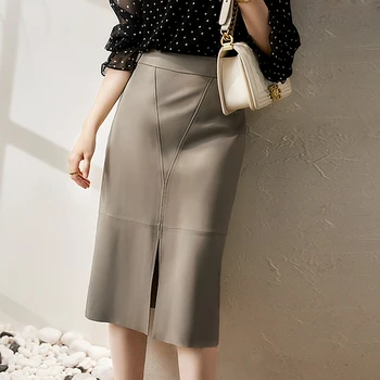 

Genuine Leather Skirt Women Casual Style 100% Sheepskin Solid Leather High Waist Female Skirts Classic Design New Fashion