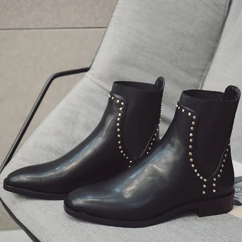 

Square Toe Rivet Decor Elastic Belt Women Ankle Boots Female Flat Bottom Genuine Leather Martin Boots Chelsea Boots Slip-On Shoe