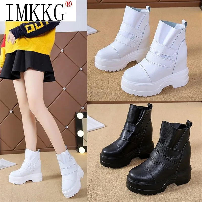 Botas de cuña de cuero de alta calidad para botines transpirables cómodos al desgaste, para otoño e invierno, 2021 - Calzado