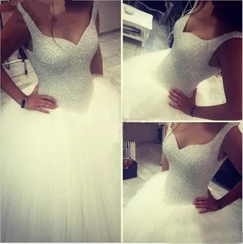 

Shining Luxury Straps White Crystals Ball Gown Wedding Dress Beading Tulle Vestido De Noiva Bridal Gowns Wedding Gowns