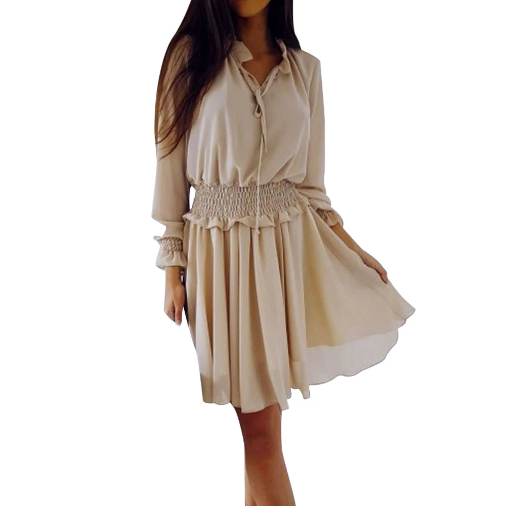 Women Fall Long Sleeve Dress Elegant Party Female Chiffon Dress O Neck Solid Pleated Casual Office Winter Vestidos Mujer 807